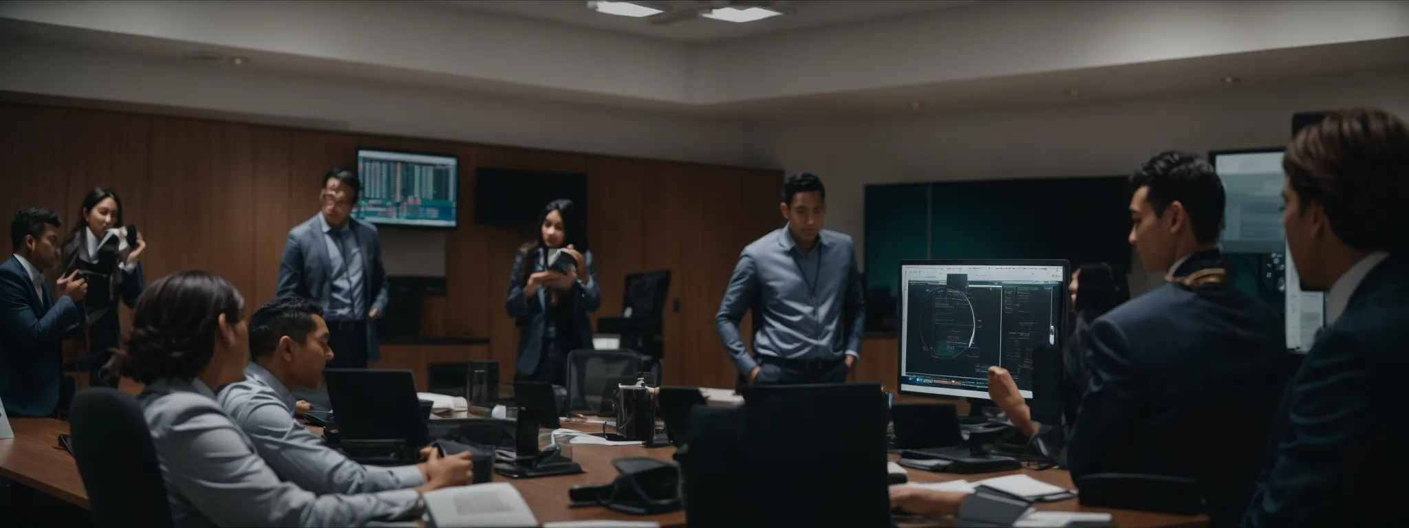 a team strategizing over a computer in a modern conference room.