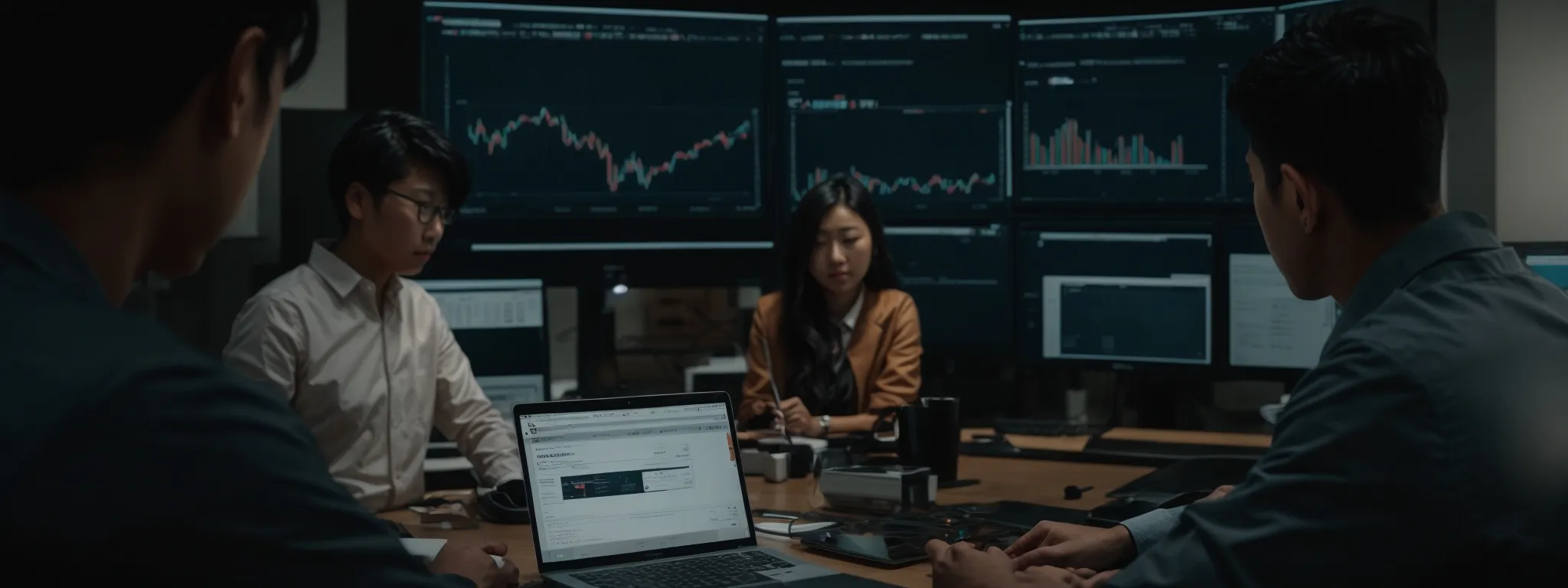 a marketing team analyzes search data on a computer screen, strategizing seo enhancements for product listings.