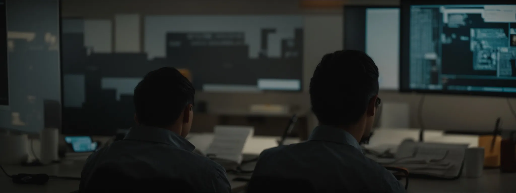 a person sitting at a desk analyzing a document on a computer screen in a well-lit office.
