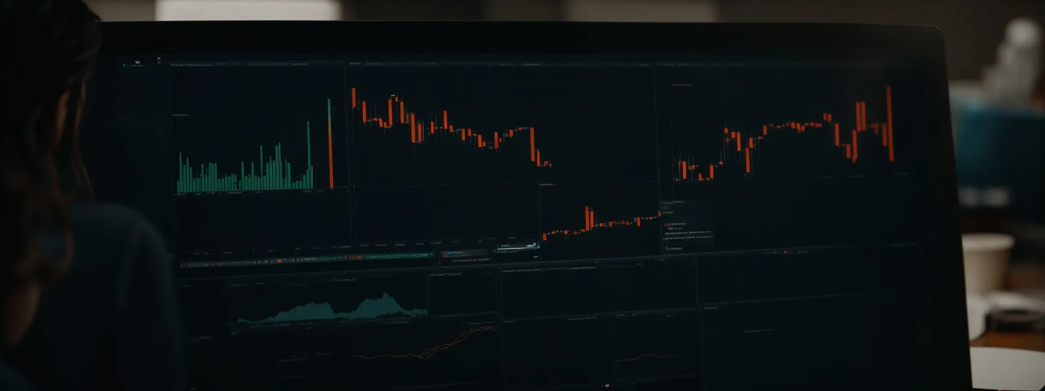 a marketer analyzes charts on a computer screen, refining a strategy for effective headlines.