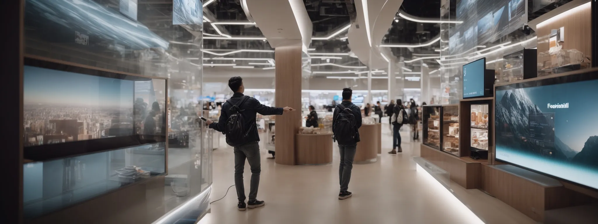a person interacts with a virtual product display projected in mid-air in a modern shopping environment.