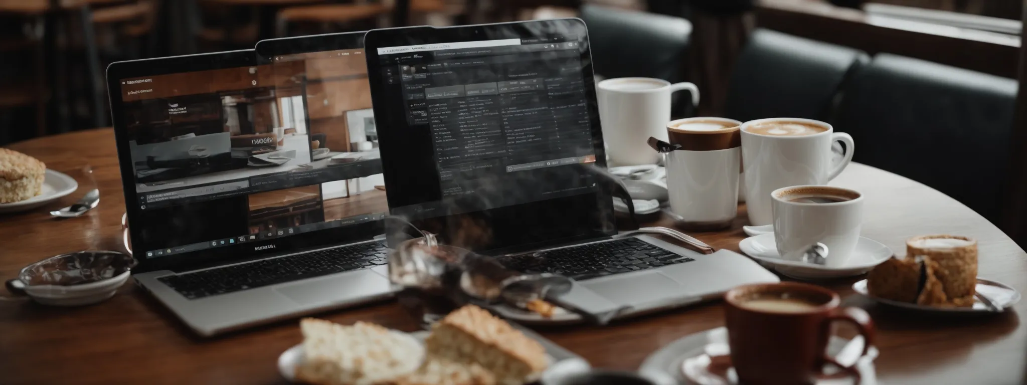 a laptop with analytics on the screen beside a coffee cup on a café table, emphasizing a local business atmosphere.