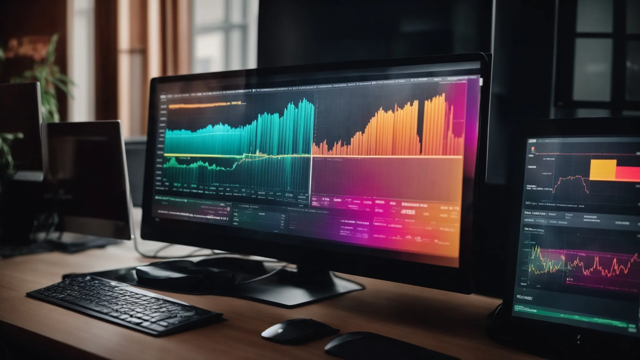 a computer screen displays colorful analytics charts showing website visitor engagement metrics.