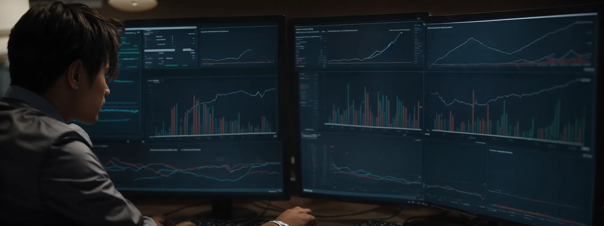 a marketing professional attentively studies complex data charts on a computer screen, illustrating website analytics.