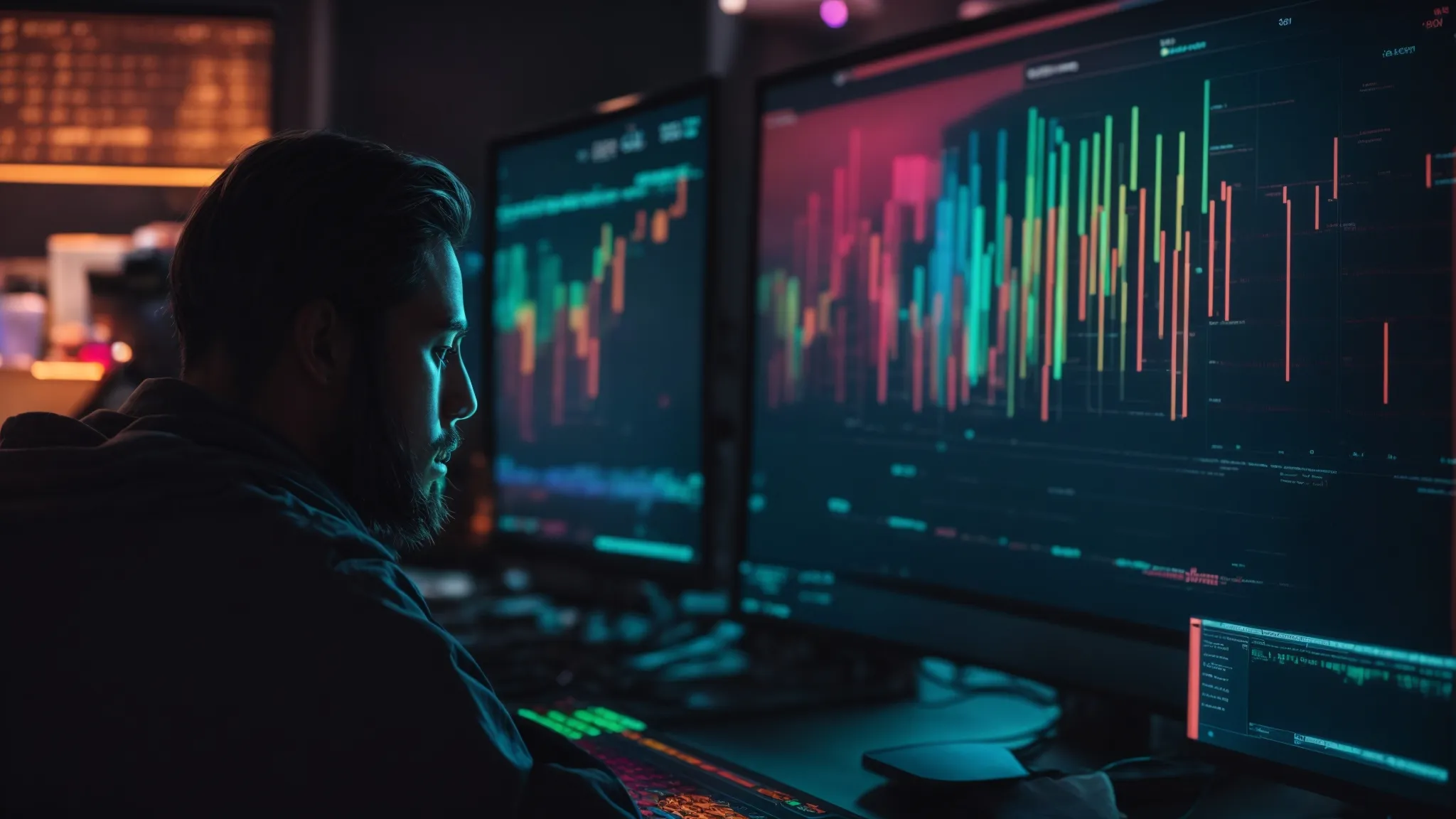 a person sitting at a computer analyzing a colorful seo performance dashboard on the screen.