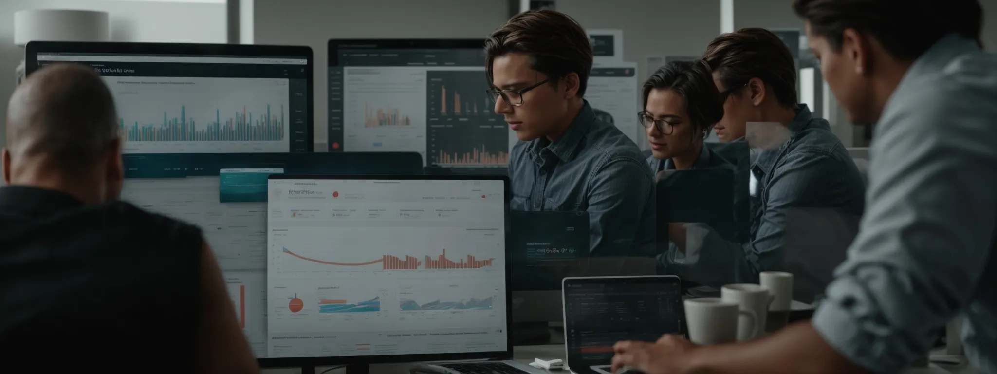 a digital marketing team reviews metrics on a computer dashboard, highlighting outbrain's analytics alongside seo data.
