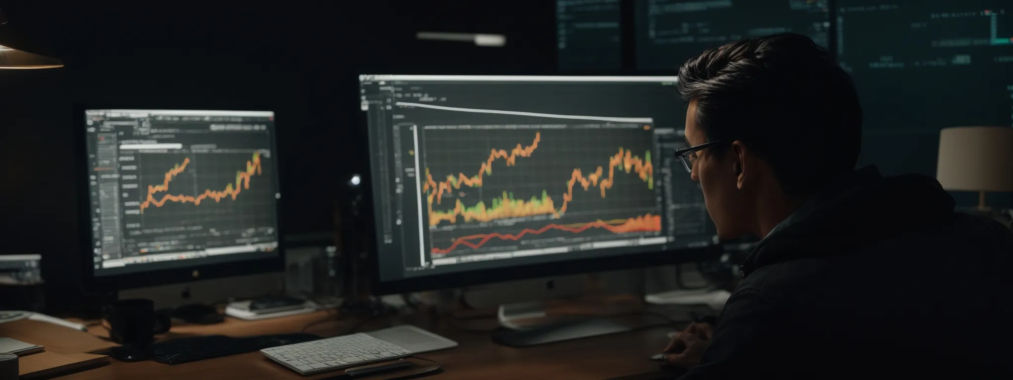 a marketer analyzing graphs on a computer screen to optimize a digital advertising campaign.