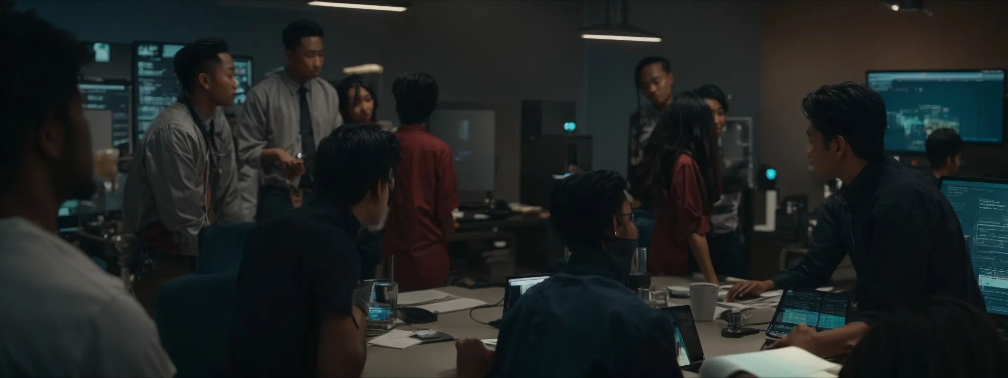 a diverse group of professionals gathered around a large computer monitor, collaboratively interacting with a digital task board.
