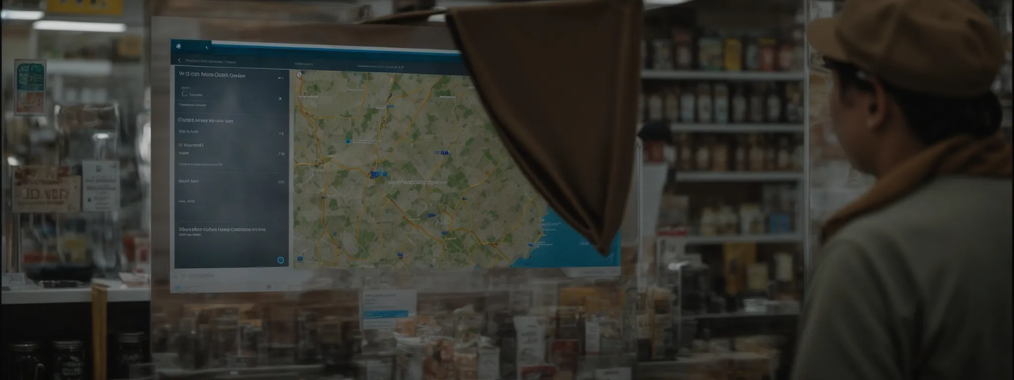 a business owner proudly displays a screen showing high star ratings and a map pinpointing their local store location.