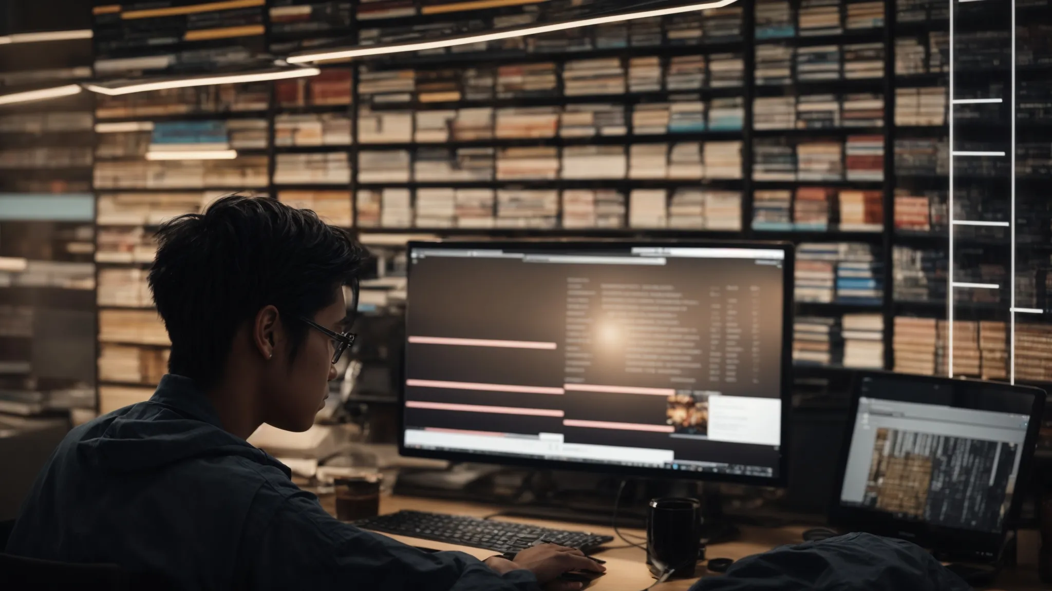 a person sits at a computer with multiple books around, analyzing website data on a screen.