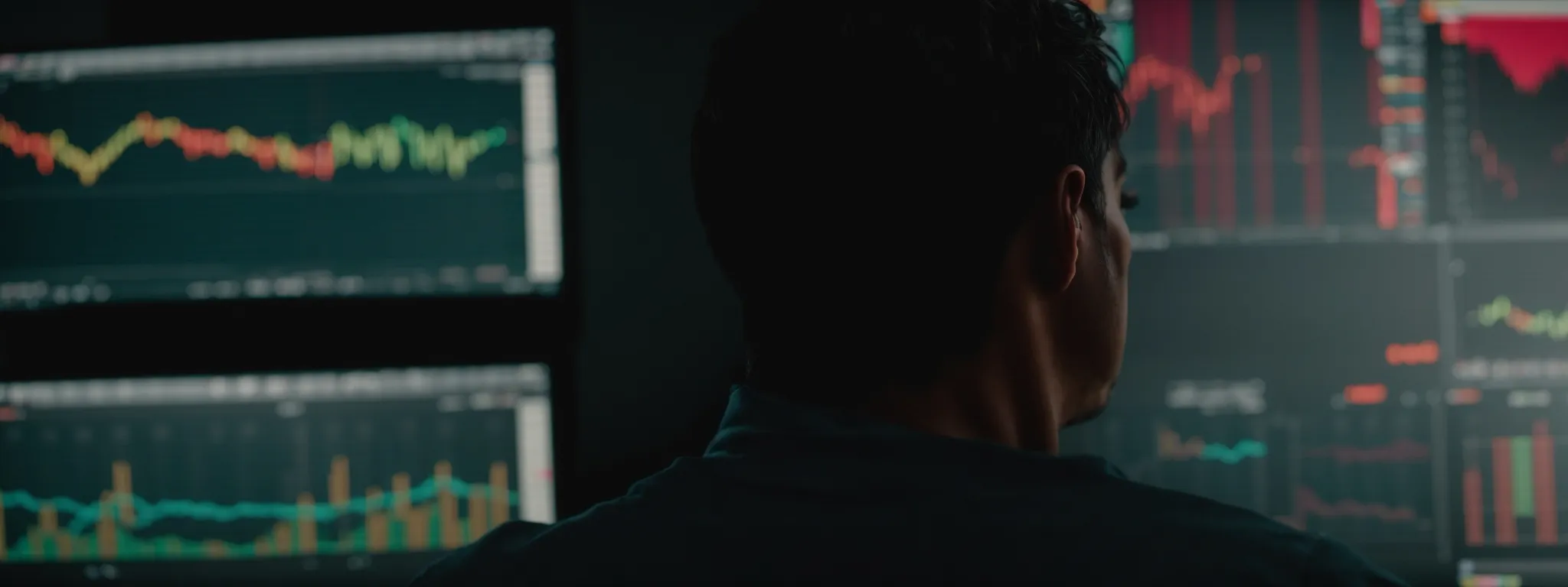 an individual intently gazes at a computer screen displaying colorful graphs and analytics while participating in an online webinar.