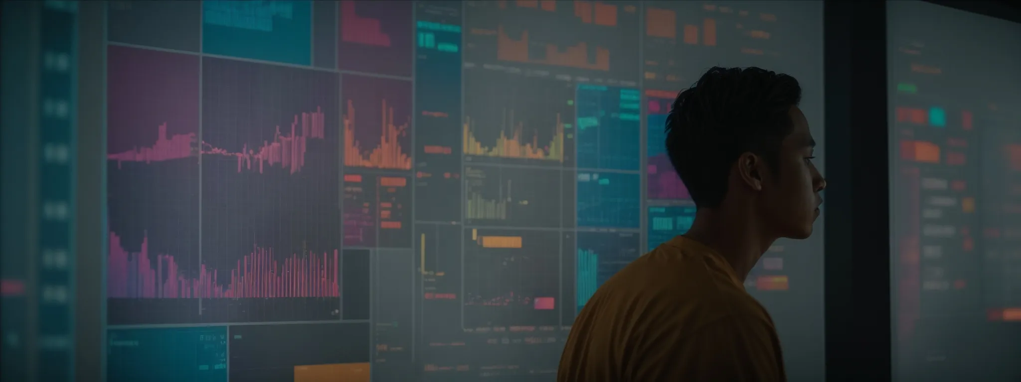a person looks intently at a screen filled with colorful charts and graphs tracking educational metrics.