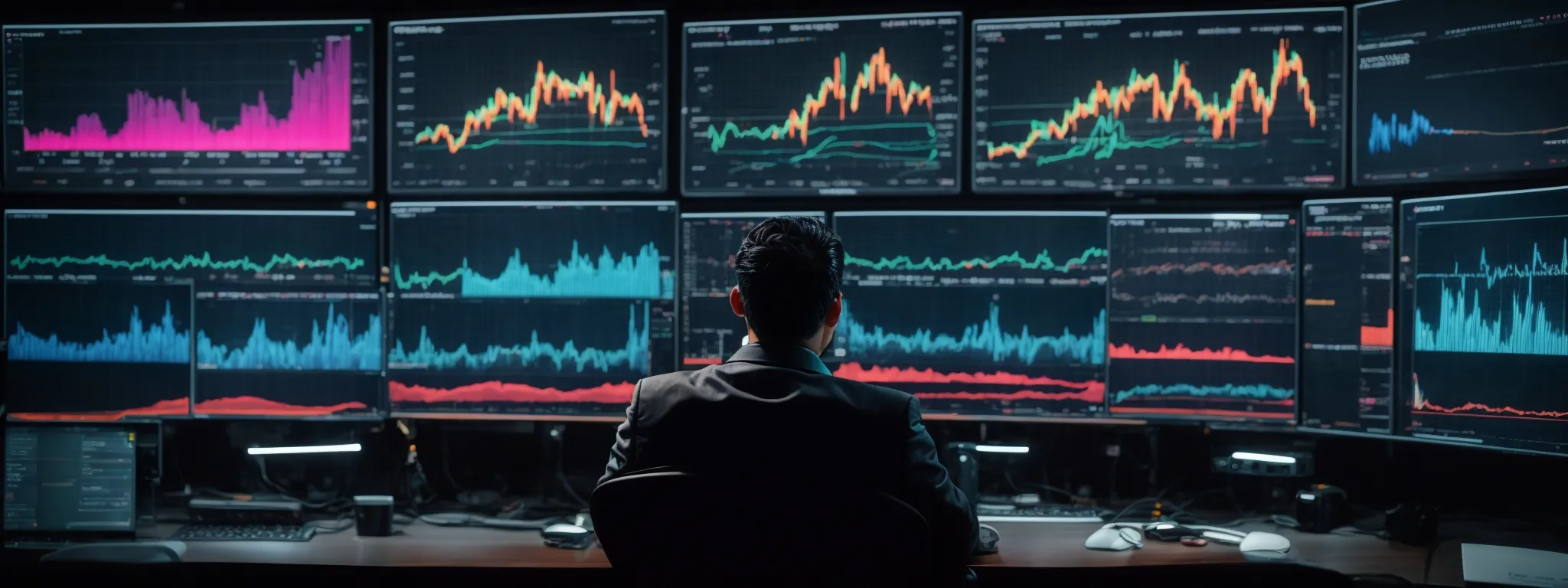 a person sits before multiple computer screens displaying colorful graphs and website analytics.