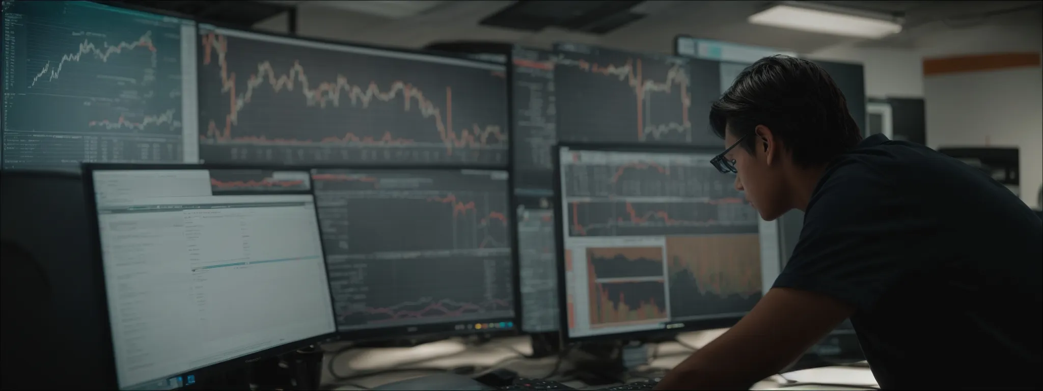 a person intently analyzing graphs on a computer screen in a well-lit office, suggesting a strategic approach to seo.