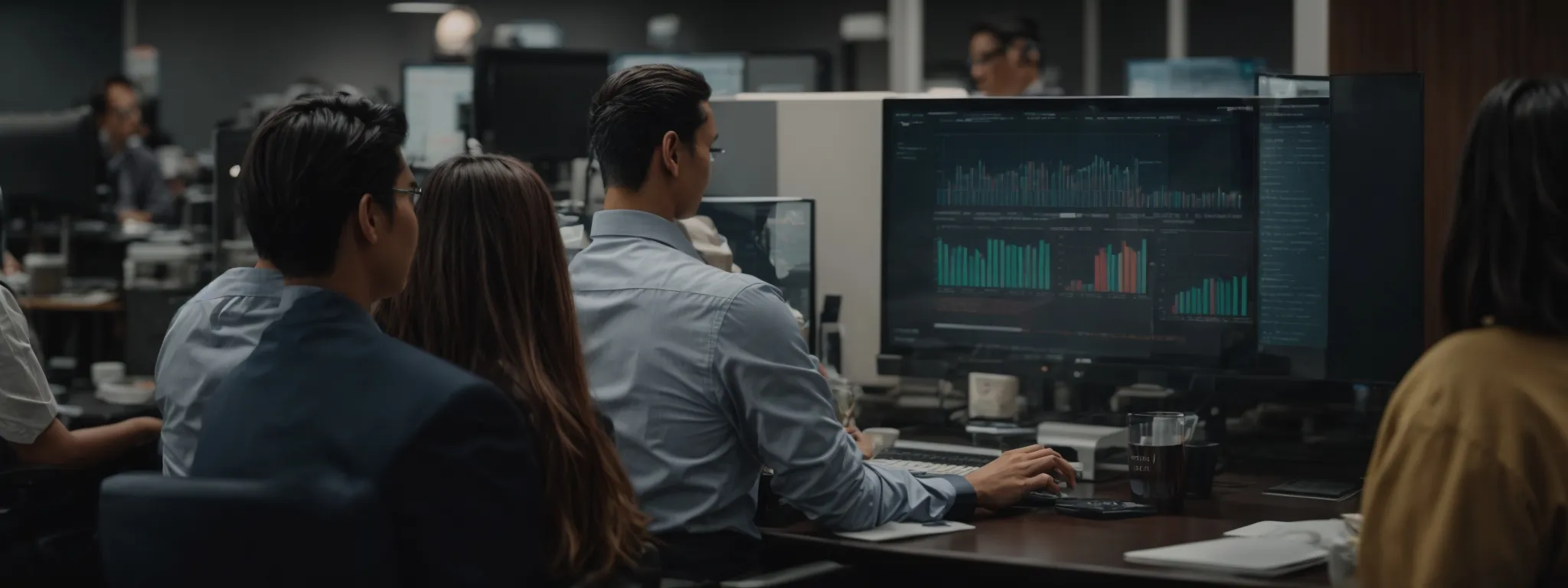 a marketer inputs analytics data into a social media campaign on a computer in a modern, bustling marketing agency.