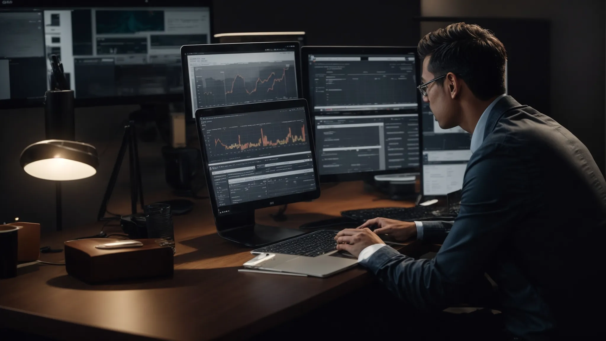 a marketer reviews analytics charts on a computer screen showcasing website traffic growth.