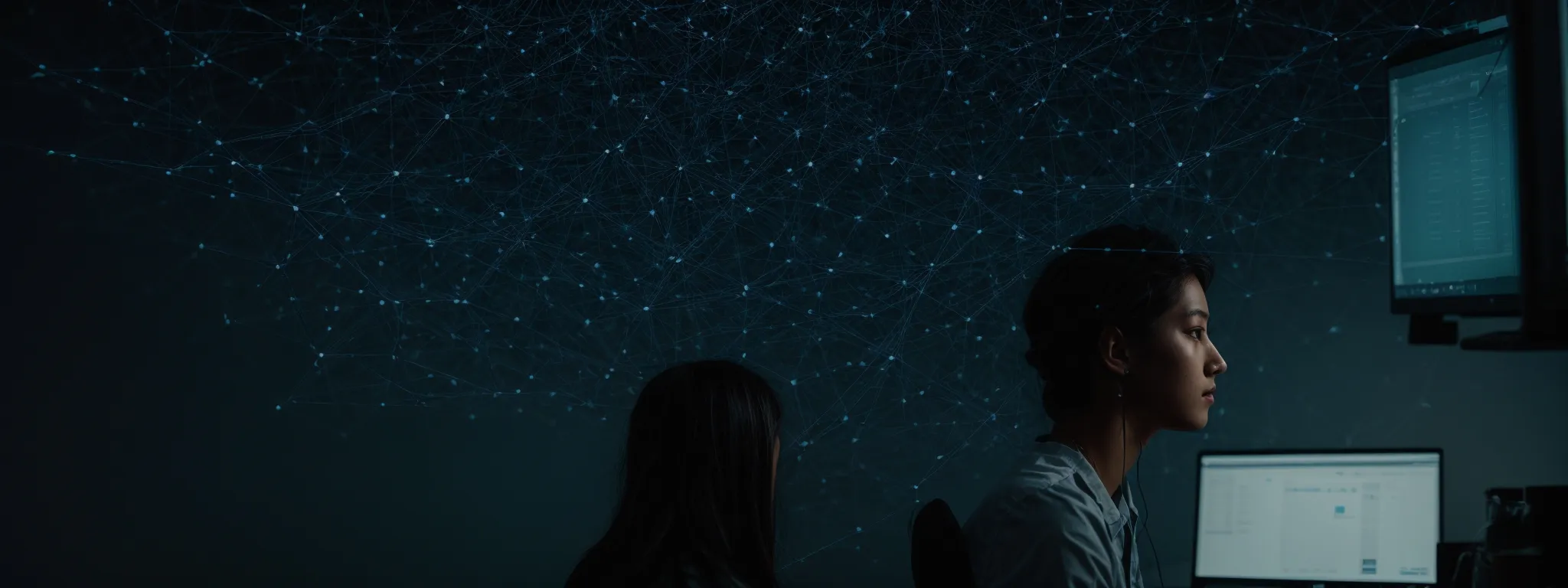 a person sits at a desk, intently analyzing data on a computer screen with a web of interconnected nodes floating above.