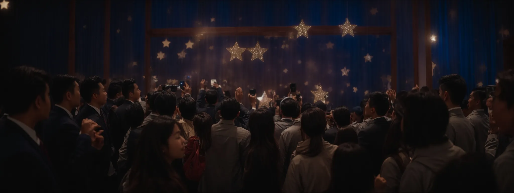 a group of excited people surrounding a display with a five-star rating shining above it.