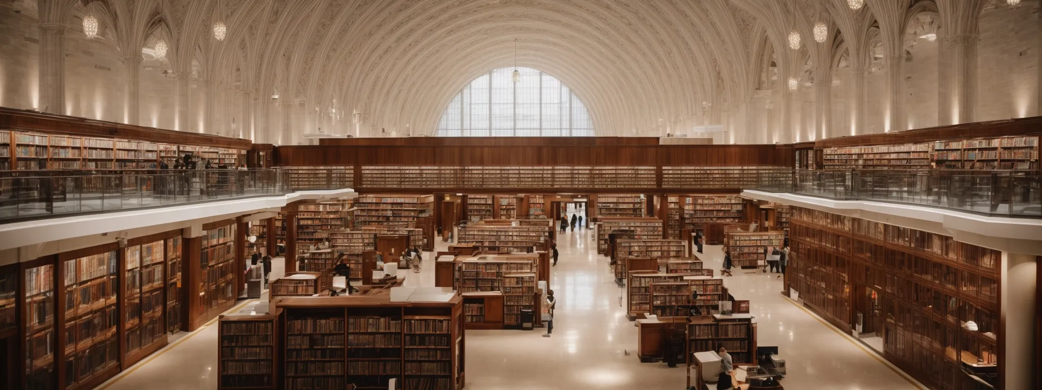 an expansive library hallway extending into the distance, symbolizing the enduring nature of content, juxtaposed with a bustling stock exchange floor representing the immediate reach of digital marketing.