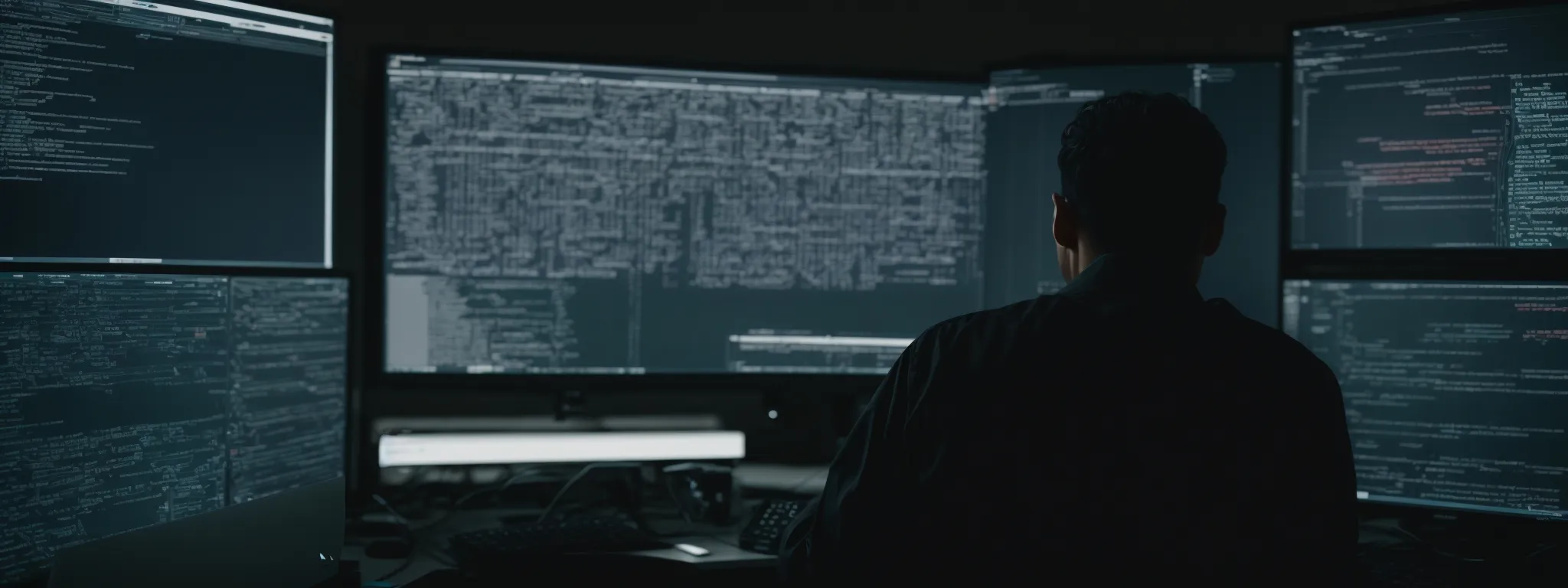 a person sitting in front of a computer screen, coding in javascript, while another screen displays a web page structure with interconnected links.