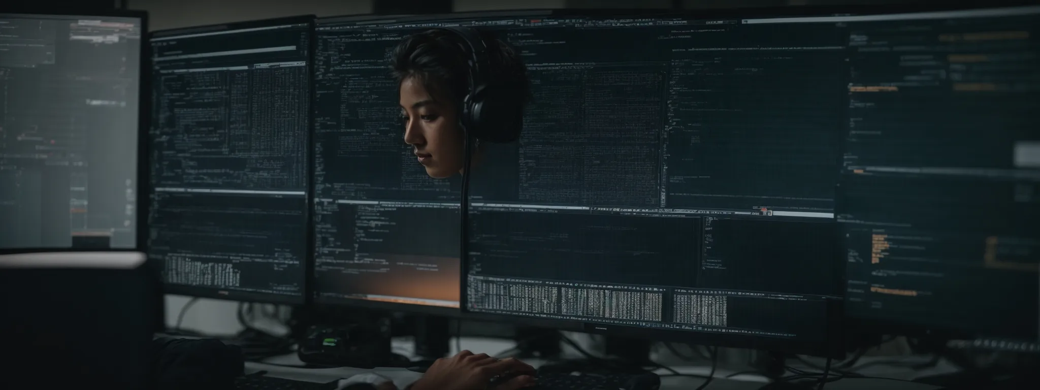 a web developer is optimizing a website's seo linking strategy on a computer screen with visible codes and link diagrams.