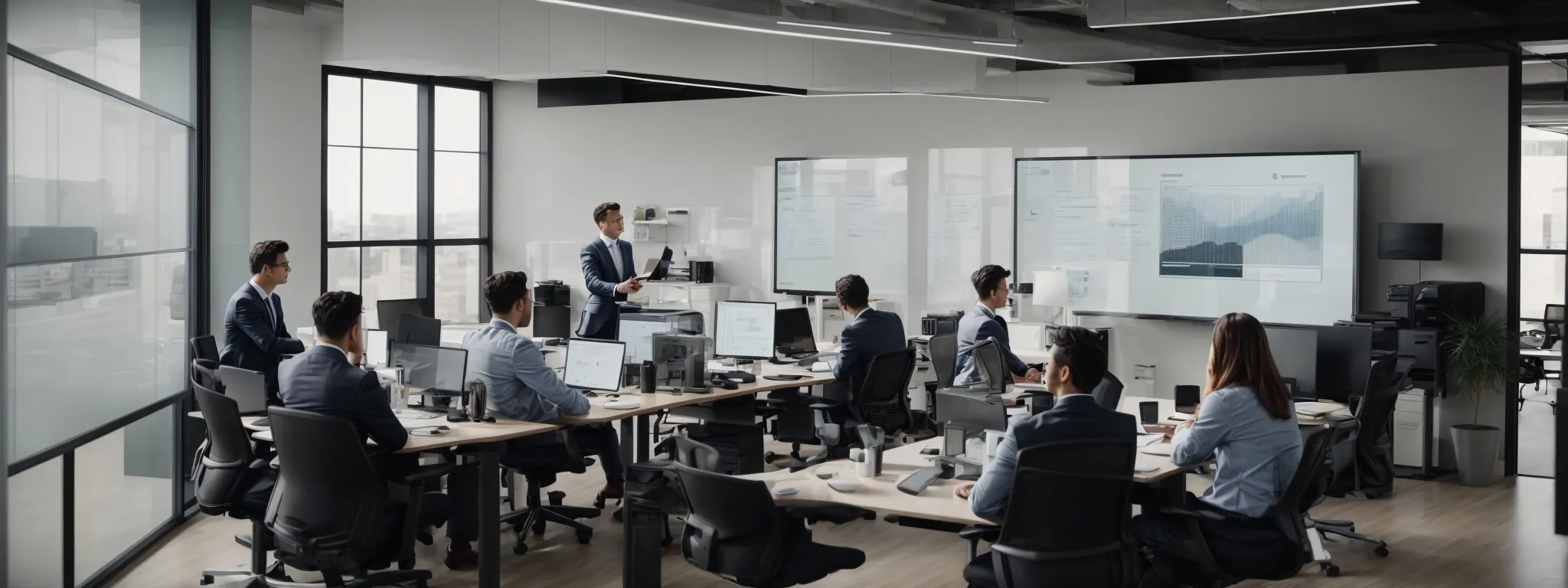 a modern, open-plan office with sleek computers and concentrated seo experts discussing strategies around a large, digital whiteboard.