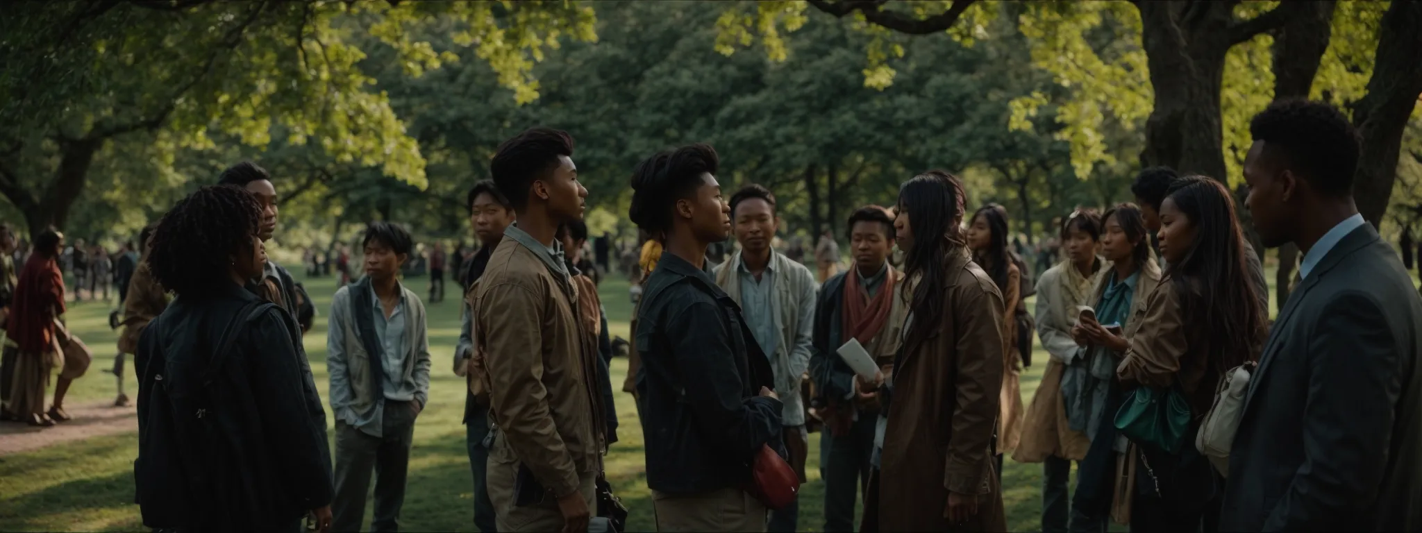 a diverse group of people is conversing in a friendly circle within a sunlit, green park.