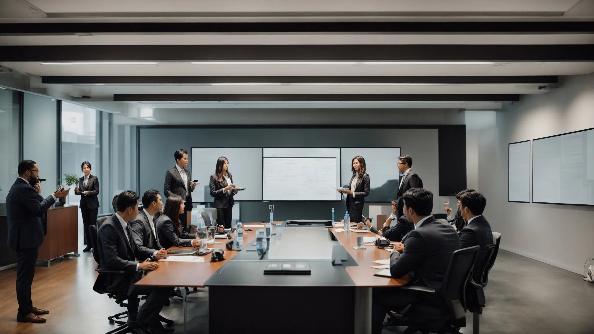 a group of professionals gathered around a conference table, discussing strategies with digital devices and a whiteboard visible in the background.