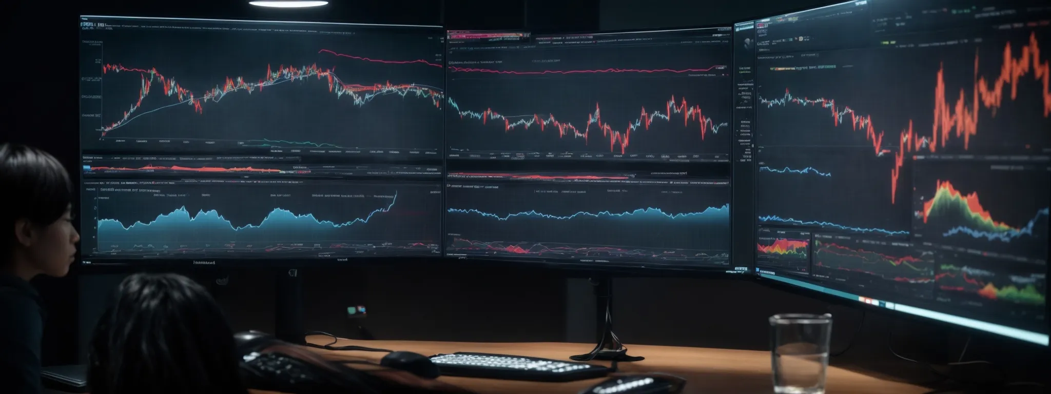 a person analyzes a vibrant dashboard displaying keyword trend graphs and bubble charts on a large monitor, illustrating the seo landscape.