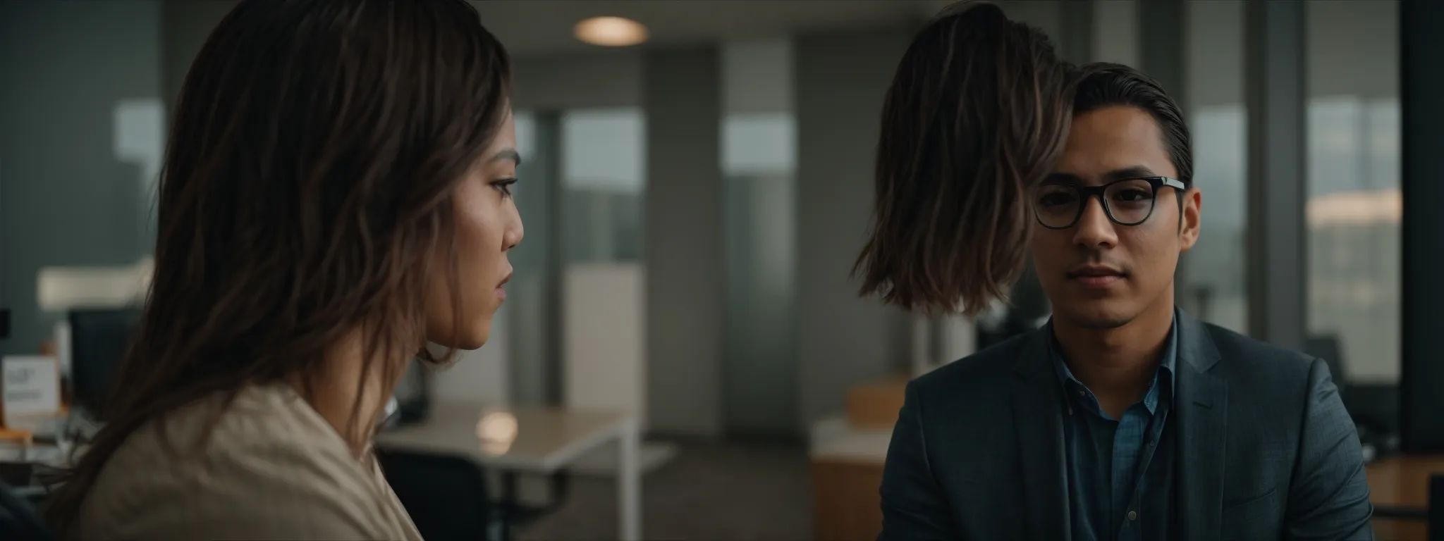 a confident candidate explains seo strategies during an interview in a modern office.