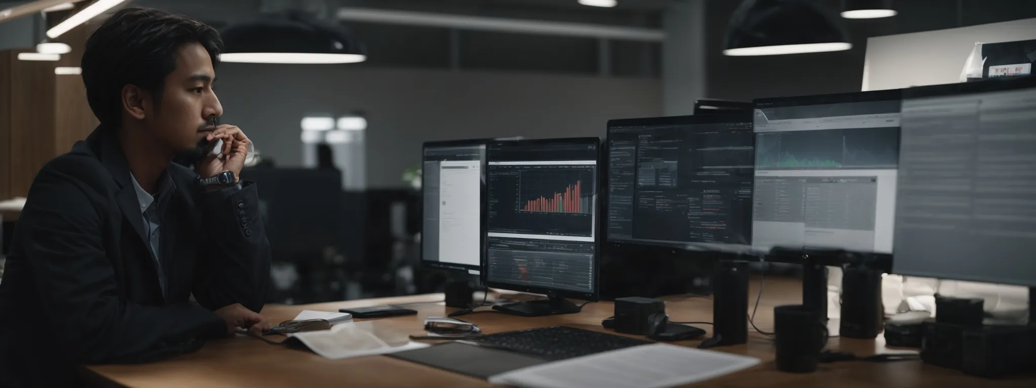 a focused individual sits in front of a sleek, modern computer in a bright office, perusing a website with marketing analytics on the screen.