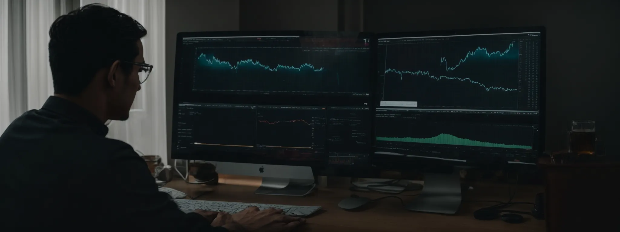 a person sitting at a computer with a digital marketing analytics dashboard on the screen, highlighting website traffic and keywords.