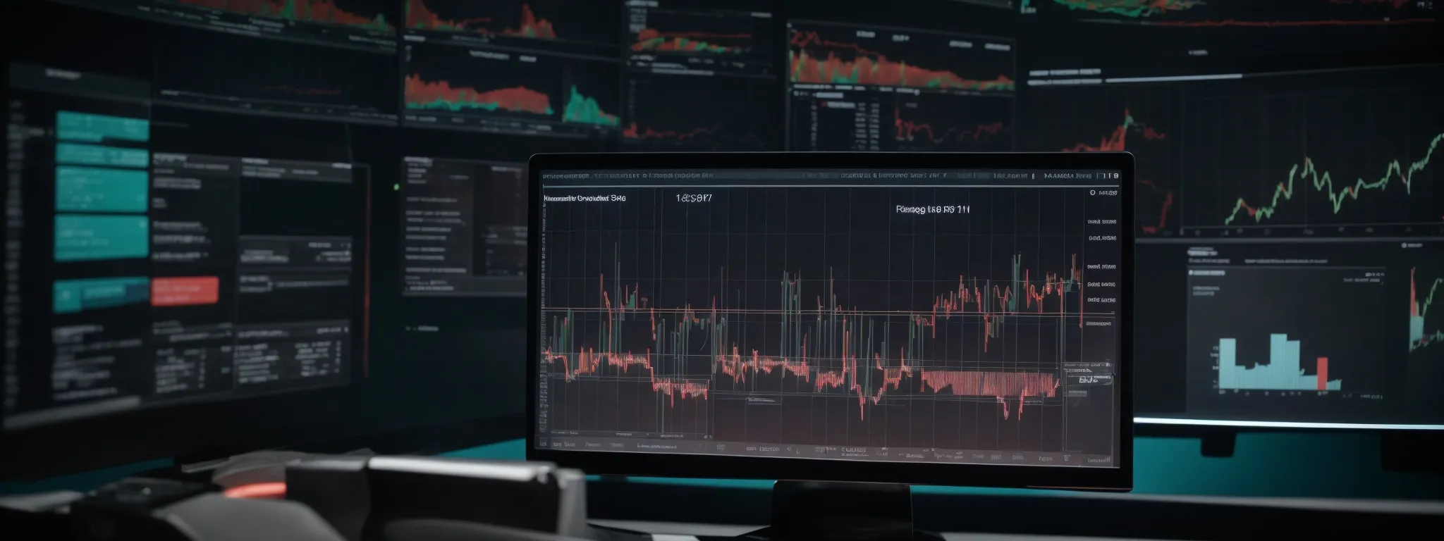 a computer screen shows graphs and data analytics software interpreting a complex digital marketplace.