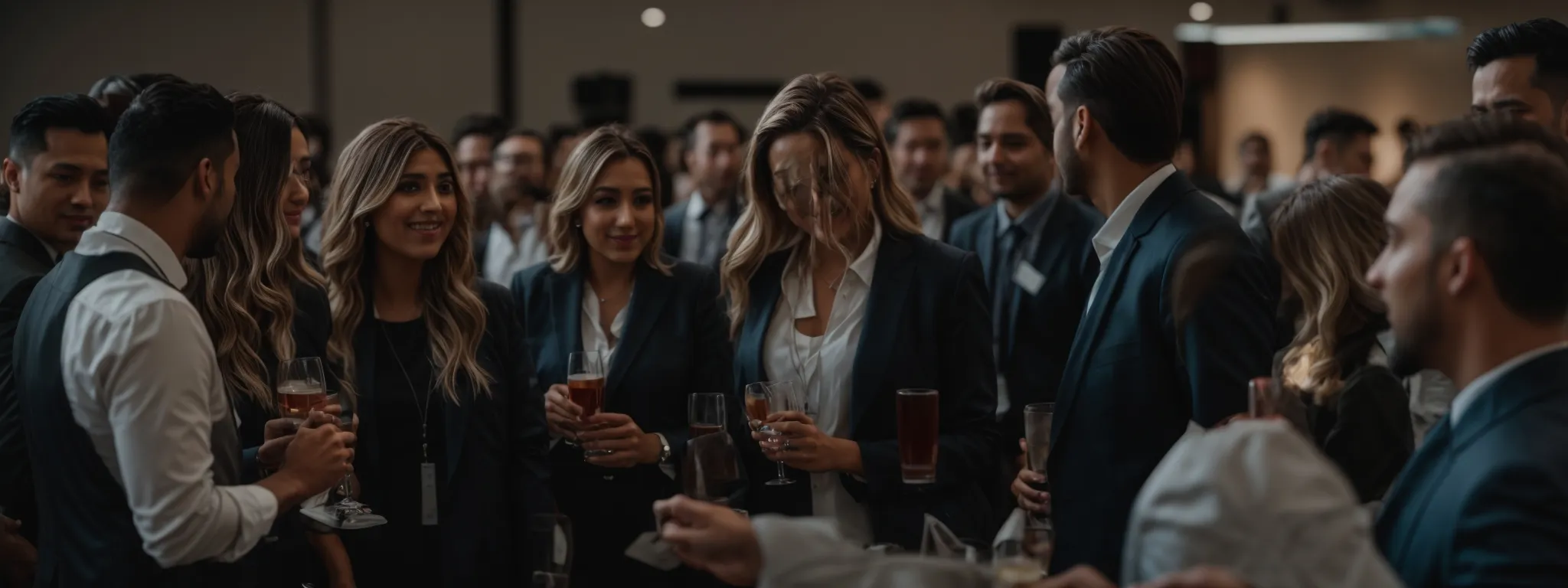 a group of professionals networking at a modern digital marketing conference, focused on a speaker presenting influencer marketing strategies.