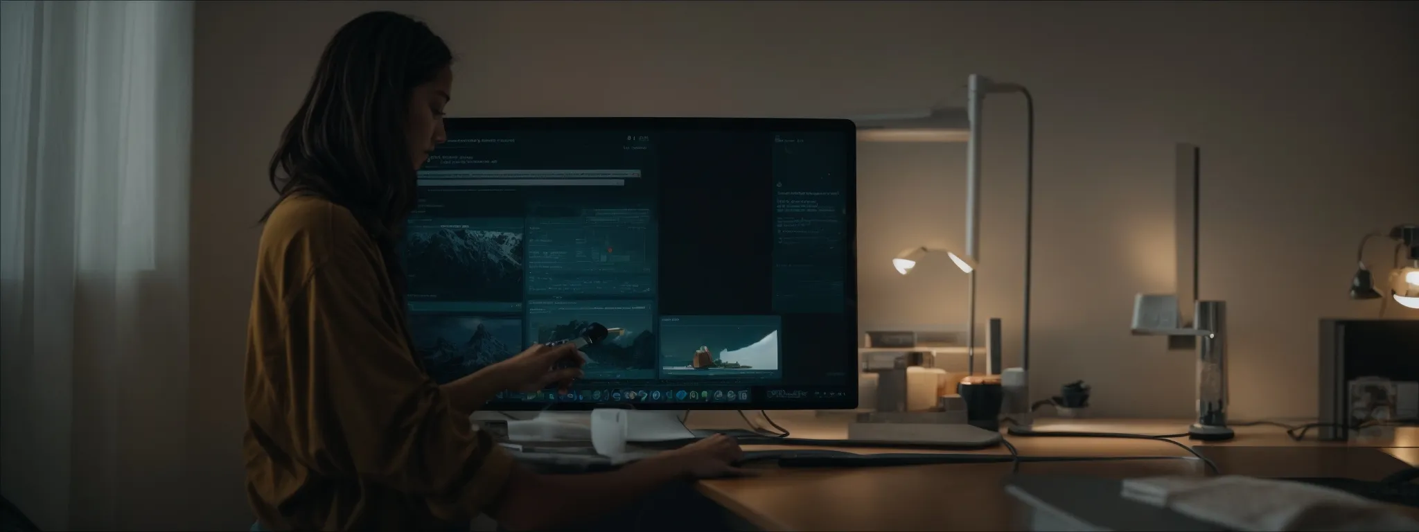 a person comfortably navigating through a clean and responsive web interface on a desktop computer in a well-lit room.