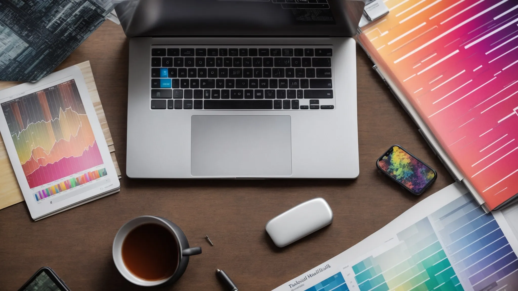 a laptop displaying colorful charts, with a smartphone and marketing books on a modern desk.