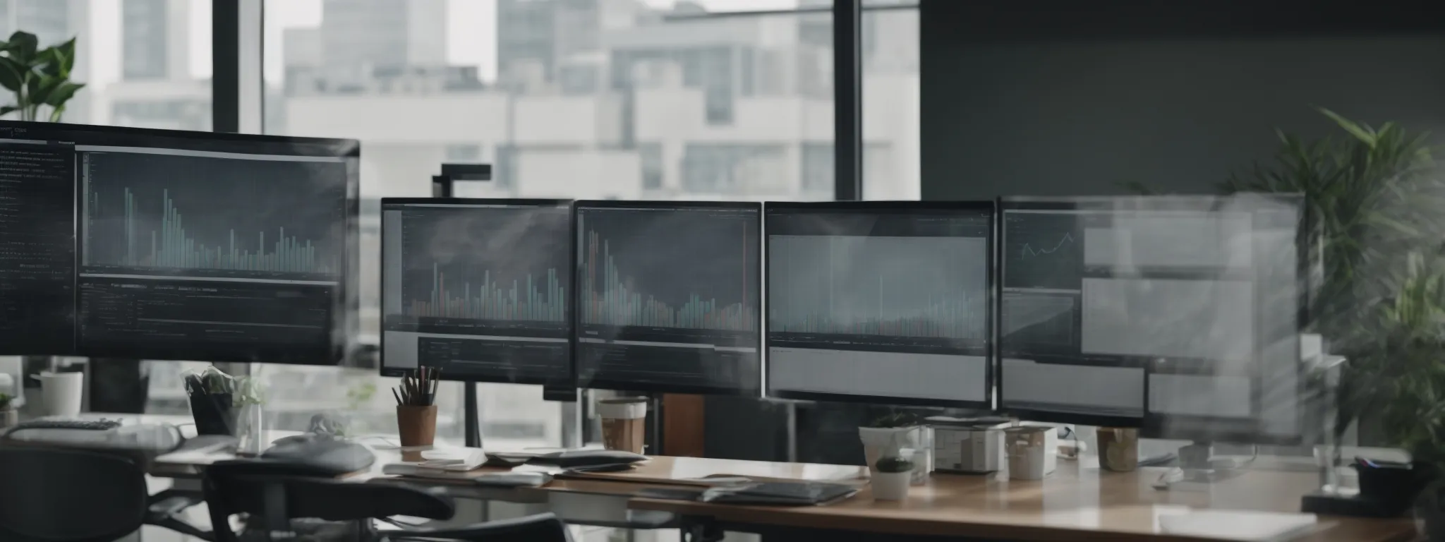 a clear glass panel overlooking a serene office workspace where analytical reports are openly displayed on computer screens.