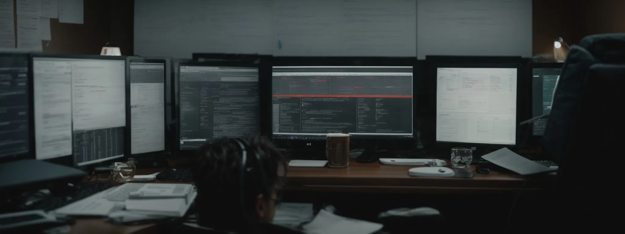 a person sits before a computer, analyzing complex seo data on the screen while surrounded by marketing strategy notes.