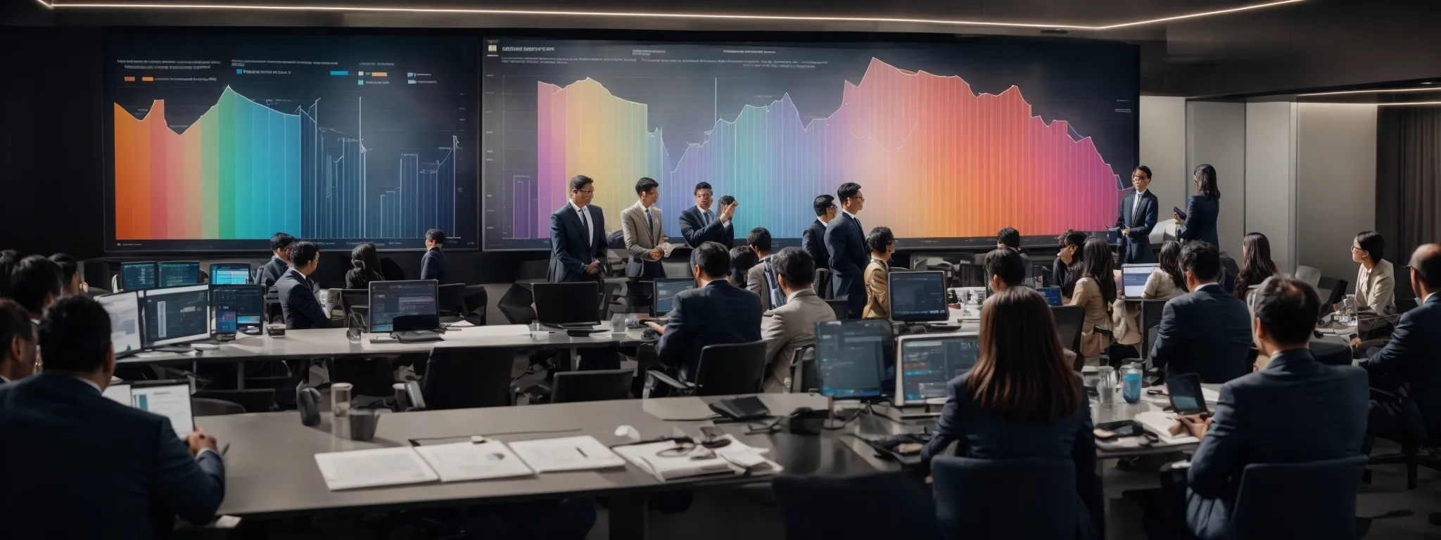 professionals gather around a large screen displaying colorful data analytics charts and graphs while actively engaged in strategic planning.
