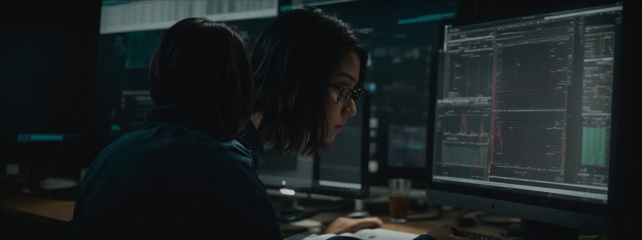 a person intently reading graphs and charts on a computer screen, symbolizing the analysis of seo results.