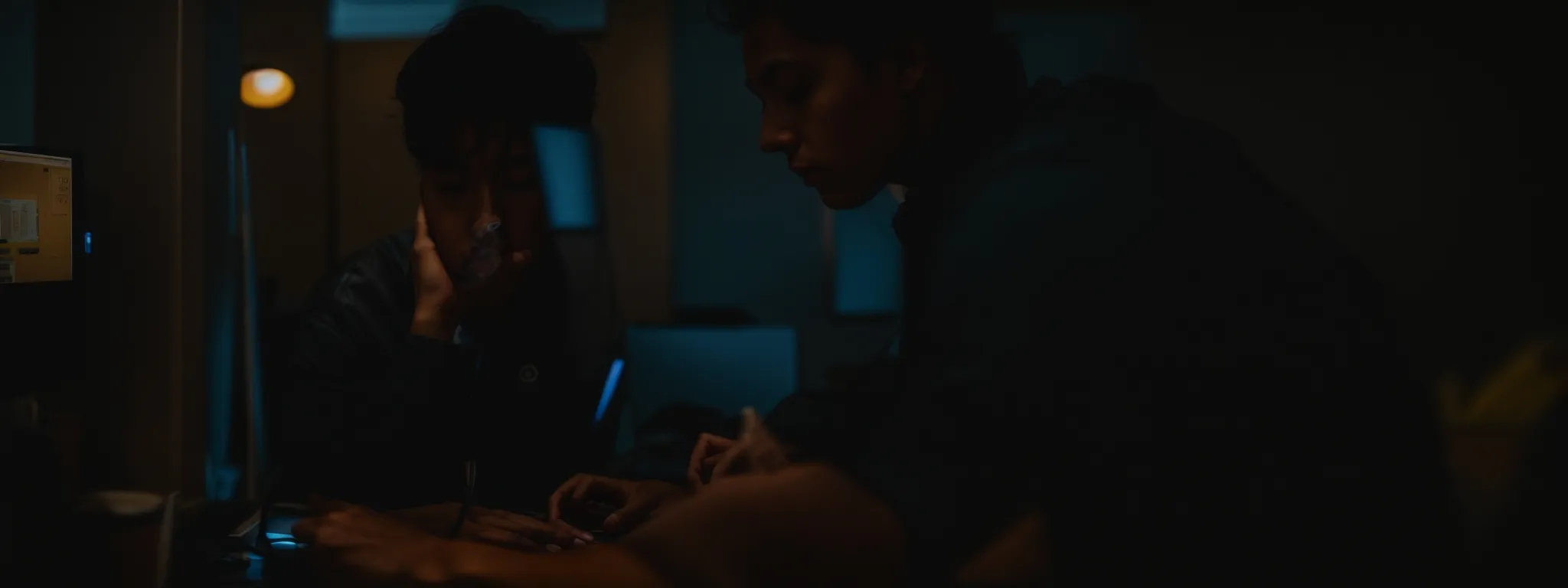 a person sitting at a computer, contemplating the screen with a thoughtful expression.