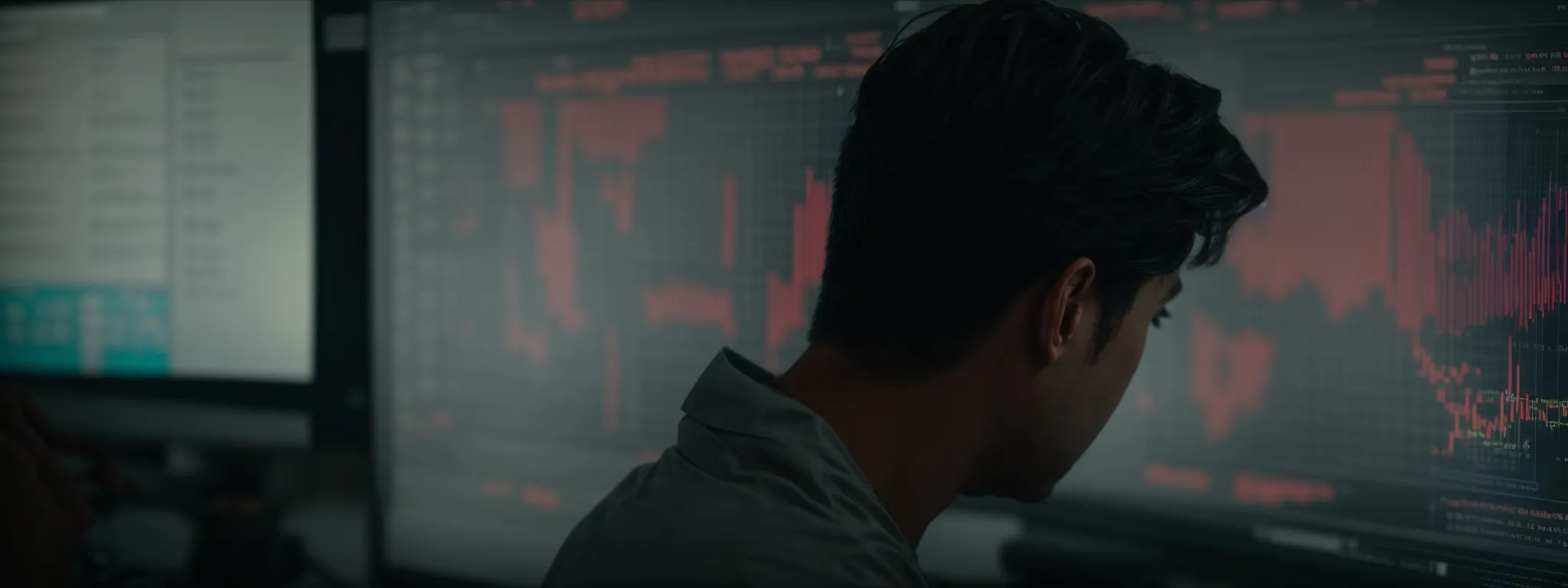 a person intently studies data analytics on a computer screen, reflecting the insights into search engine crawler behaviors.