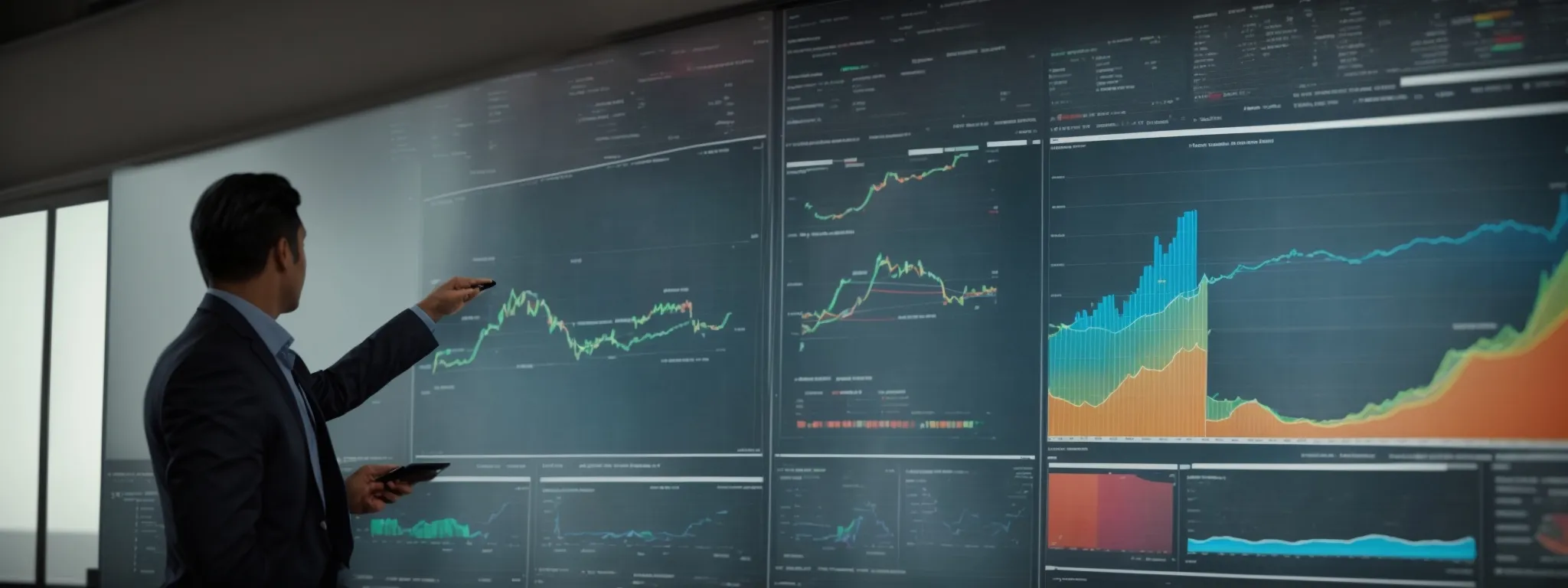 a professional consultant points to a large monitor displaying an array of colorful graphs and charts during a strategic planning session.