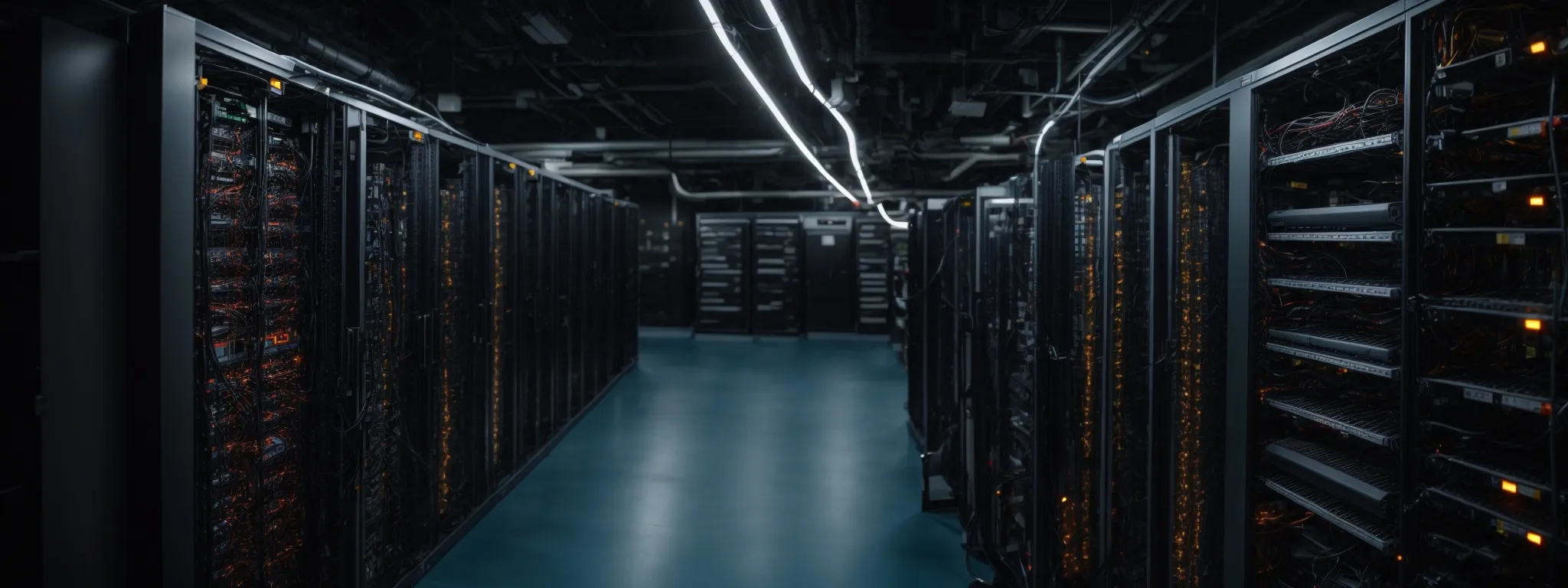 a clean, organized server room with cables neatly arranged and led lights indicating active network equipment.