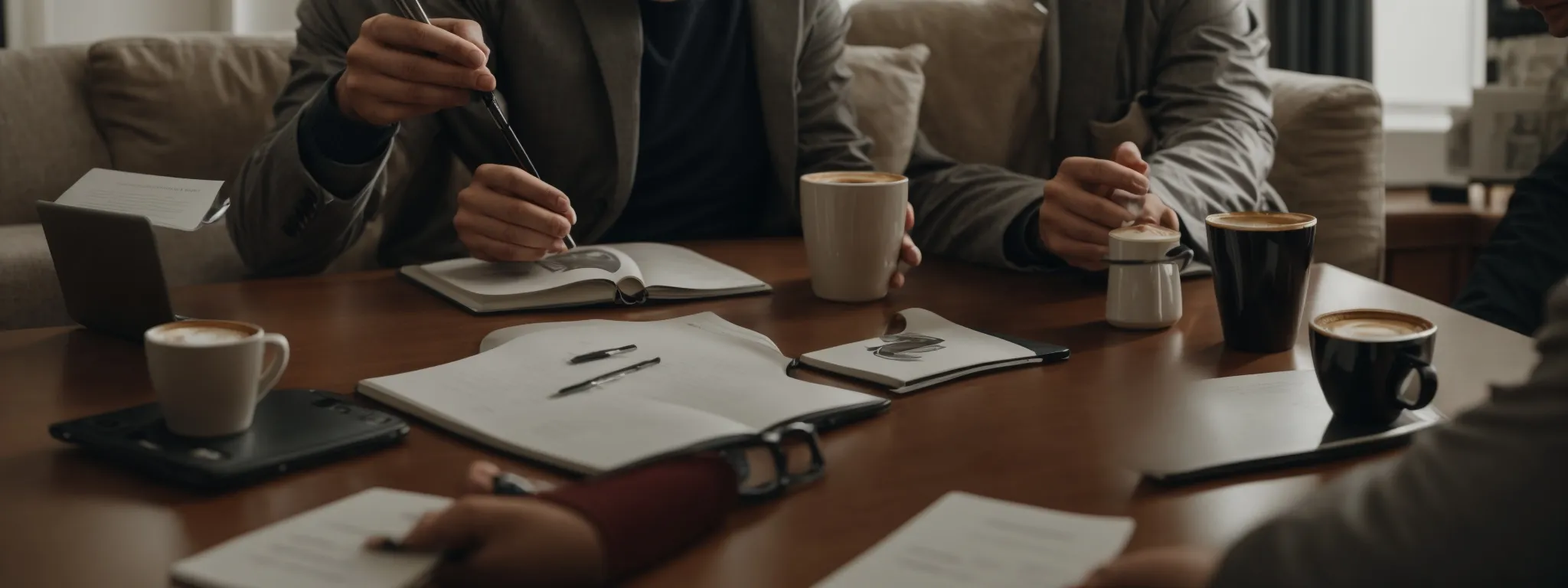 a professional meeting between two people over a coffee table, with laptops and notepads, symbolizing a strategic outreach discussion.