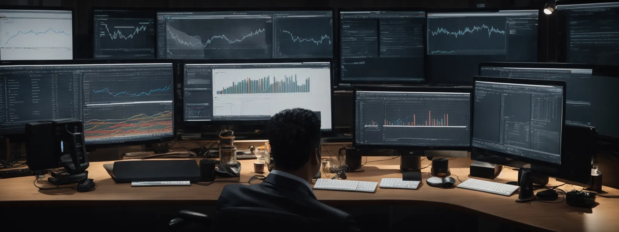 a professional at a desk with multiple computer screens showcasing website analytics and development tools.