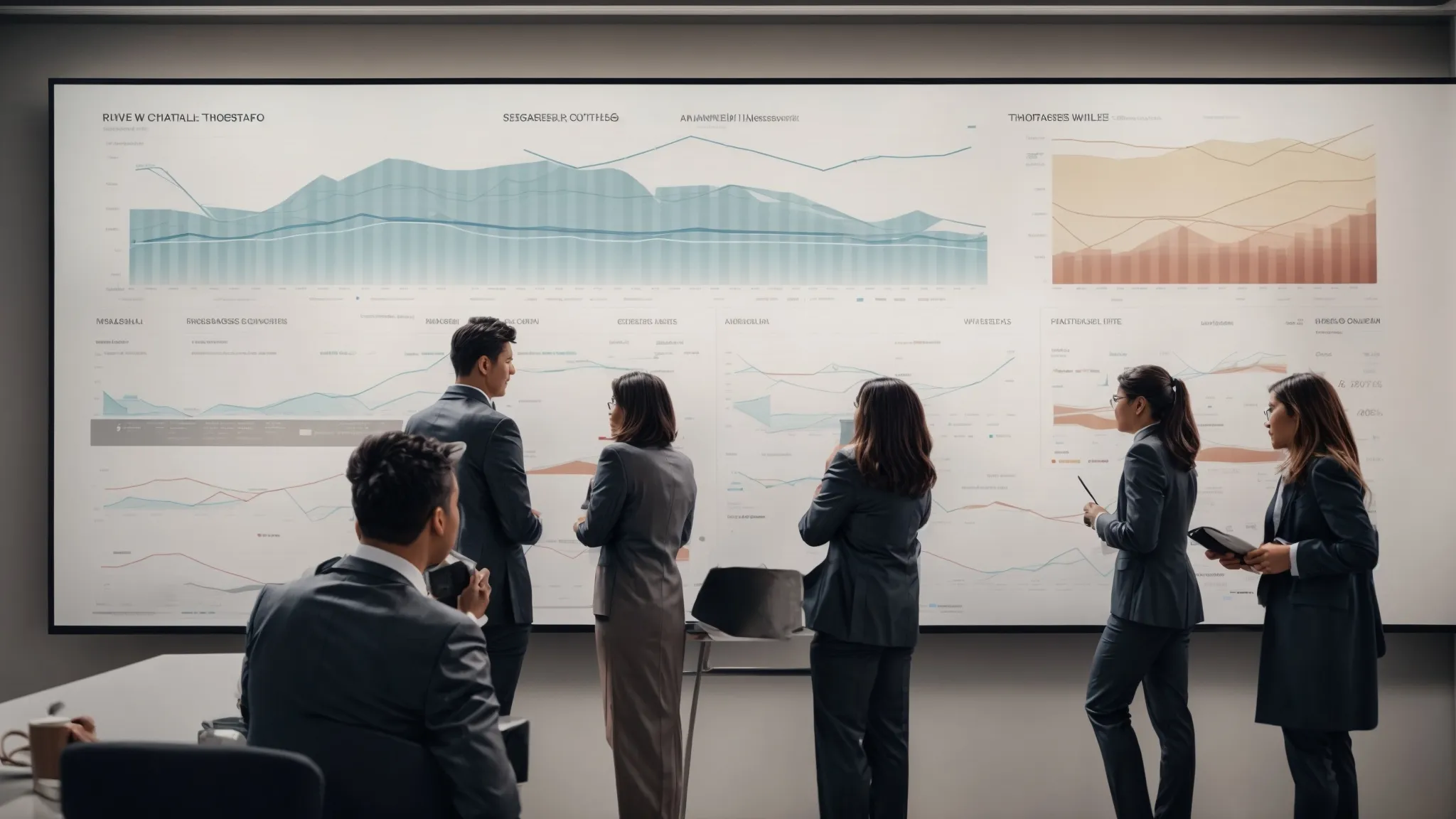 a group of marketing professionals reviews a large chart on a wall, displaying website traffic trends and forecasted growth.