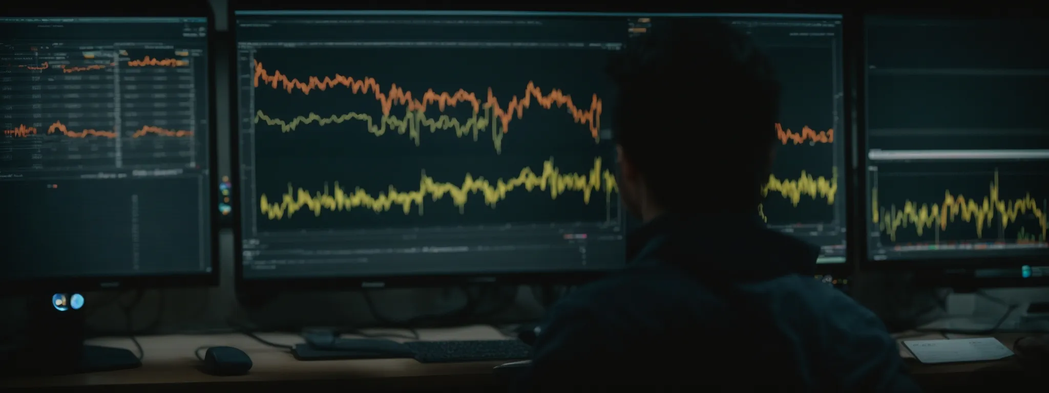 a person looking intensely at multiple analytics dashboards on a computer monitor.