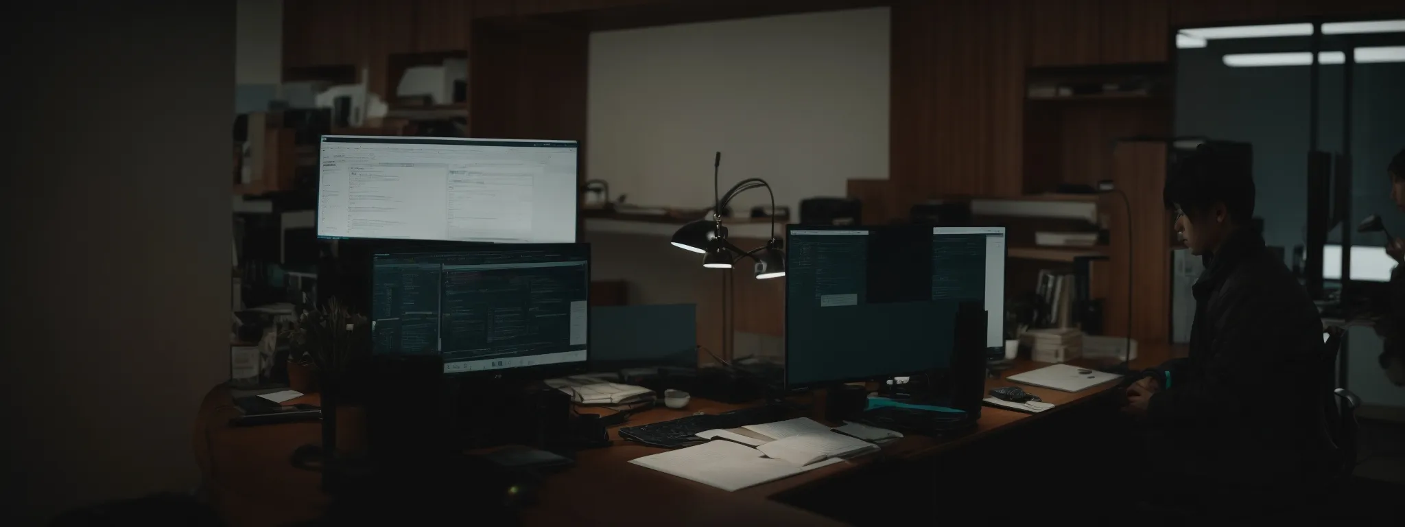 a person studying an seo report on a computer screen in a quiet office environment.