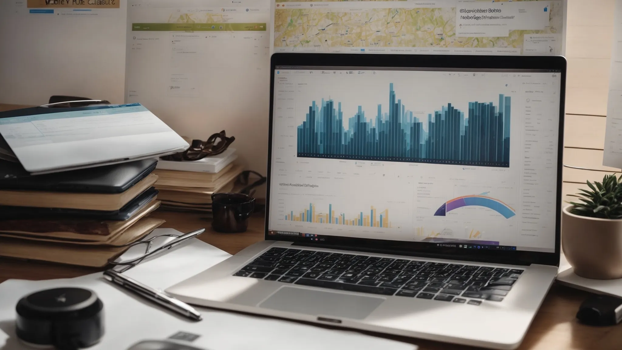 a clutter-free desk with an open laptop displaying graphs of website traffic and a notepad with the words "seo & conversion strategies."